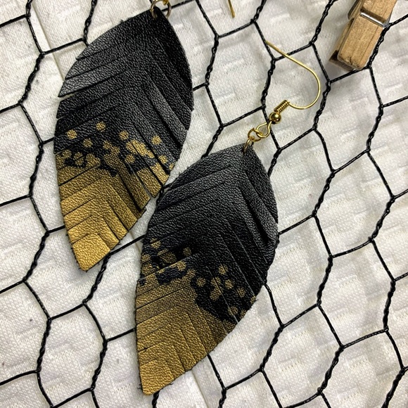 Handmade Gold &Black Leather Feathered Earrings - Picture 3 of 4